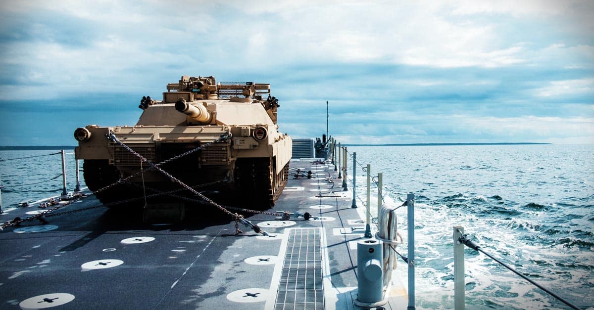 M1 Abrams - Naval Literage System Causeway ferry carries an M1A1 Abrams tank