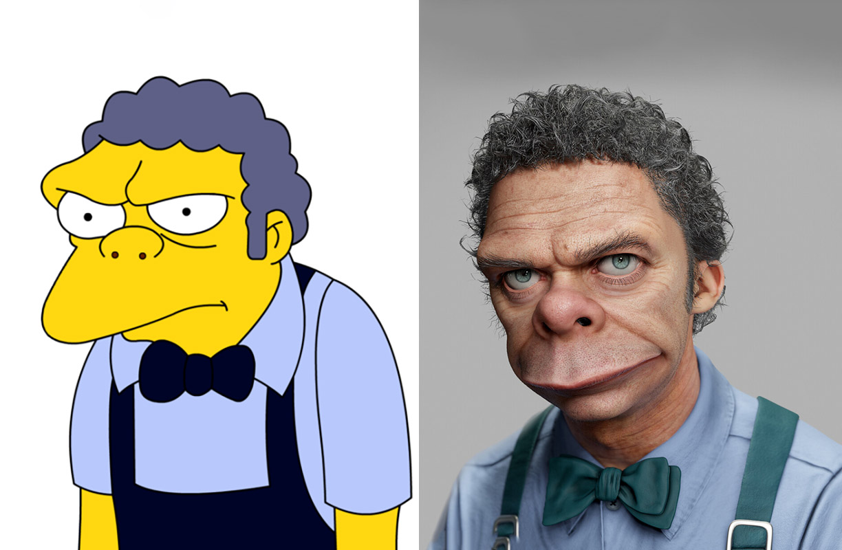artists recreate famous simpson characters as real humans with ai and 3d rendering